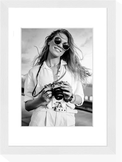 puthiac 9x12 Solid Oak Wood Picture Frame, Fits 6x8 with Mat or 9x12 Without Mat, Wall or Tabletop Display with Stand, Vertical or Horizontal, Plexi Front, 1 Pack, White