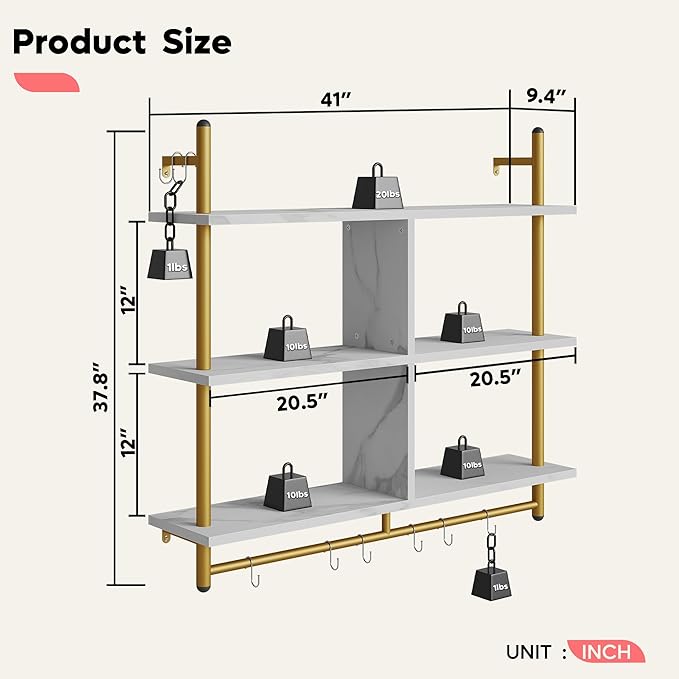 Bestier Kitchen Shelves Wall Mounted Floating Pipe Shelving 3 Tier 41.5" Coffee Bar Shelf with Holder Wall Display Storage Rack Kitchen Organization and Home Decor, White Faux Marble