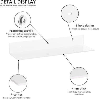 20 Inches Acrylic Wall Shelves 2 Pack, Floating Shelf for Wall Mounting, Acrylic Display Ledges for Funko Pop Figures, Home Décor, Living Room, Gaming Room, Plants(20 inch, White)