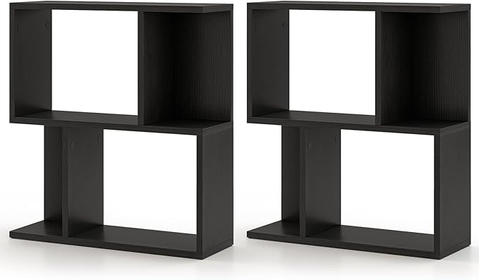 Tangkula 3 Tier Geometric Bookshelf, S Shaped Open Bookcase with Storage, Home Office Decor, Freestanding Wood Display Shelf for Living Room Study, Small Bookshelf for Small Spaces (2, Black)