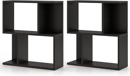 Tangkula 3 Tier Geometric Bookshelf, S Shaped Open Bookcase with Storage, Home Office Decor, Freestanding Wood Display Shelf for Living Room Study, Small Bookshelf for Small Spaces (2, Black)