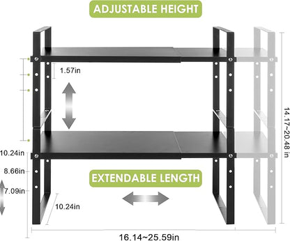 Expandable Cabinet Shelf Organizer Rack, Stackable Kitchen Counter Storage Shelves Stand, Adjustable Height Pantry Shelf Spice Rack