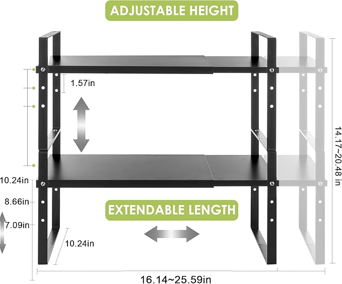 Expandable Cabinet Shelf Organizer Rack, Stackable Kitchen Counter Storage Shelves Stand, Adjustable Height Pantry Shelf Spice Rack