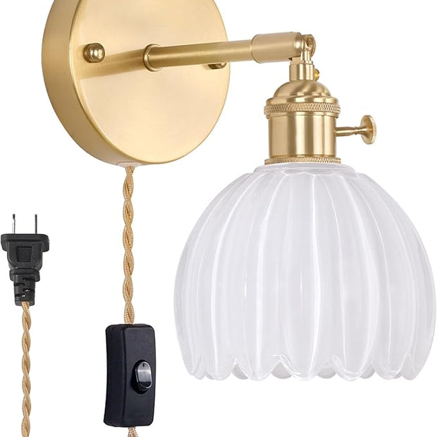 Plug in Wall Sconce, White Tulip Glass Lampshade Wall Light Plugin Corded for Bedside Bedroom Doorway