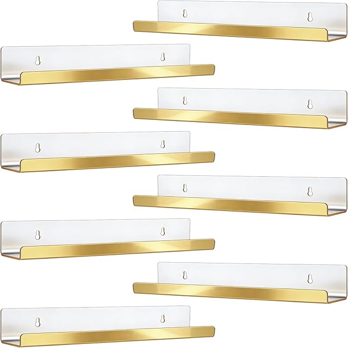 Blulu 8 Packs 14 Inch Acrylic Floating Shelf Wall Mounted Invisible Acrylic Shelf Ledge Floating Bookshelf for Living Room Office Bedroom Bathroom Kitchen Decoration Space Save (Golden)