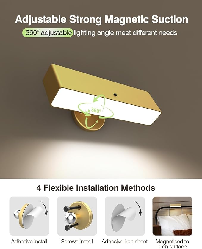 Battery Powered Wall Sconce Lights Set of Two: Gold Rechargeable Wall Lights with Remote, Wireless LED Wall Mounted Lights, 360° Rotation Magnetic Cordless Scone Lighting for Bedroom Living Room
