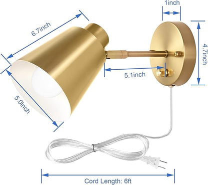 Plug in Wall Sconces with Remote Control, Adjustable Color Temperature 2700K-6000K and Dimmable Wall Sconces Gold Wall Lights with Plug in Cord for Bedroom Bedside Stairway(2 Pack, 2 Bulbs)