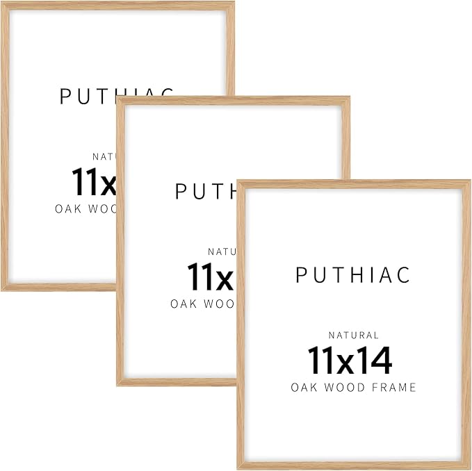 puthiac 11x14 Solid Oak Wood Picture Frame, Fits 8x10 with Mat or 11x14 Without Mat, Wall Display Only, Vertical or Horizontal, Plexi Front, 3 Pack, Natural Oak