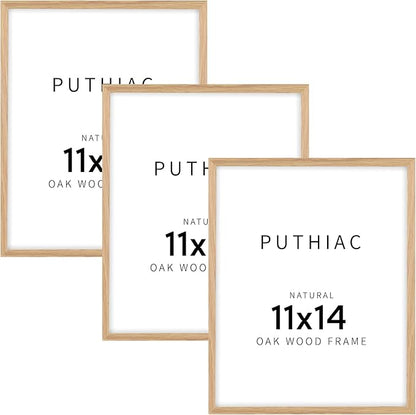 puthiac 11x14 Solid Oak Wood Picture Frame, Fits 8x10 with Mat or 11x14 Without Mat, Wall Display Only, Vertical or Horizontal, Plexi Front, 3 Pack, Natural Oak