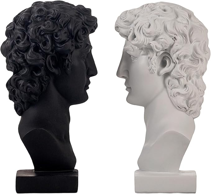 Lukitas David Head Decorative Bookends, Heavy Duty Half-and-Half Book Ends Non-Slip, Classical Artistic Sculpture for Office Home Bookshelf Decor, Black & White, Resin 9.5''