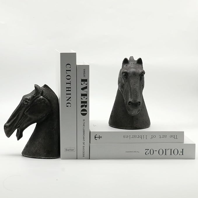 Lukitas Horse Head Decorative Bookends - Heavy Duty Non-Slip Book Holders, Modern Equestrian Ornaments for Office Home Bookshelf Decor, Black, Resin 7.5''