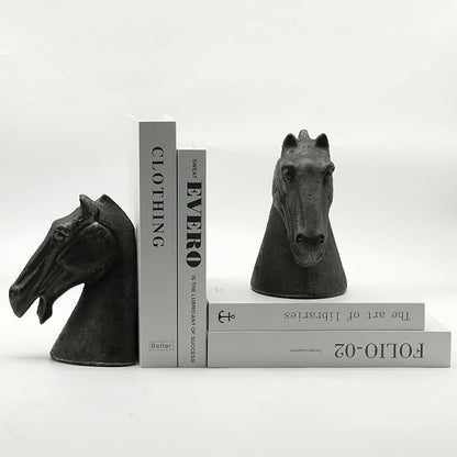 Lukitas Horse Head Decorative Bookends - Heavy Duty Non-Slip Book Holders, Modern Equestrian Ornaments for Office Home Bookshelf Decor, Black, Resin 7.5''