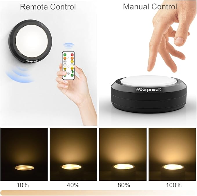 HOLKPOILOT Puck Lights with Remote Control, LED Under Cabinet/Under Counter Light Battery Operated, Closet Light Dimmable, Stick On Lights(6PACK)
