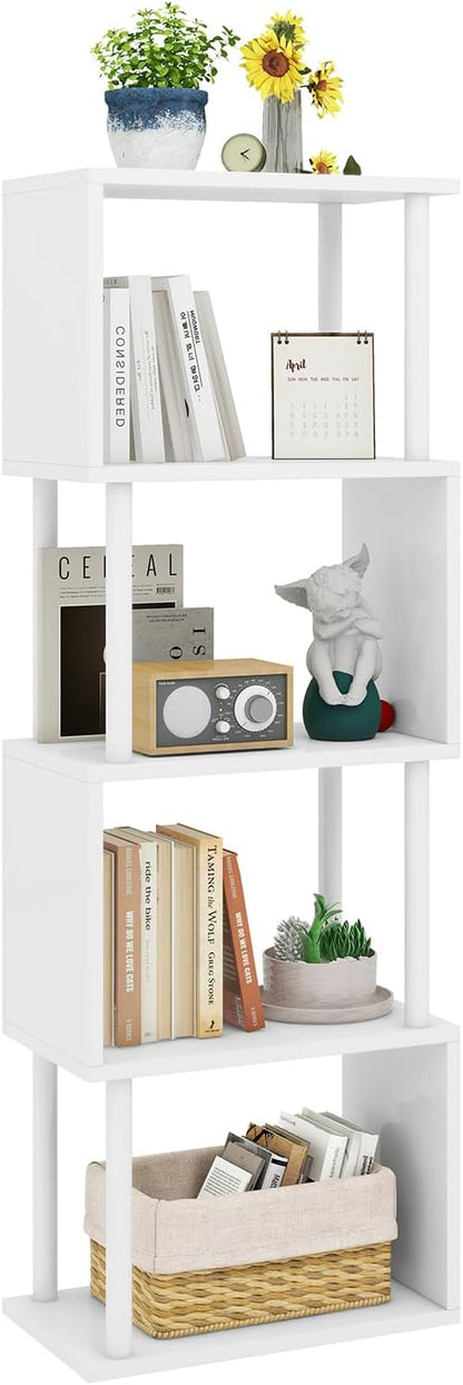IBUYKE 5-Tier Tall Bookshelf,S-Shaped Geometric Bookcase, Wood Display Shelves with Storage,Modern Bookshelf for Living Room Bedroom, Home Office, White WBC015W