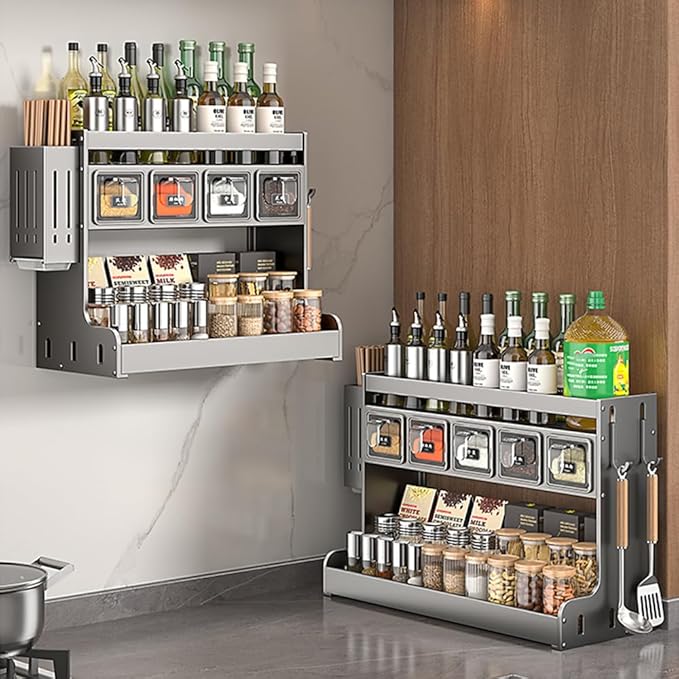 Kitchen Seasoning Shelf Spice Rack Wall Mount with Hooks and Utensil Holder Hanging Seasoning Box Shelf Seasoning Jar Organizer for Sugar Salt Pepper Oil Bottle (4 Boxes)