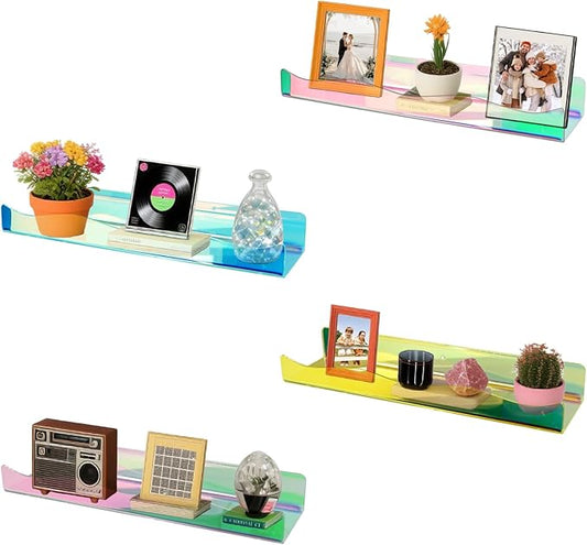 4Pack Acrylic Wall Shelf Organizers 15Inch Floating Shelf for Wall Decor Bookshelf for Kids Modern Iridescent Wall Mount Shelf (4, Iridescent)