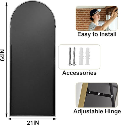 HARRITPURE 64"x21" Arched Full Length Mirror Free Standing Floor Mirrors Leaning Hanging Mounted Mirror Aluminum Frame Modern Home Decor for Living Room Bedroom Cloakroom,Silver