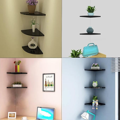 Floating Corner Shelf 8 Inch Black Set of 2,for 90 Degree Room Corner Wall Mounted Storage Display Shelves for Small Plant, Photo Frame, Toys and More