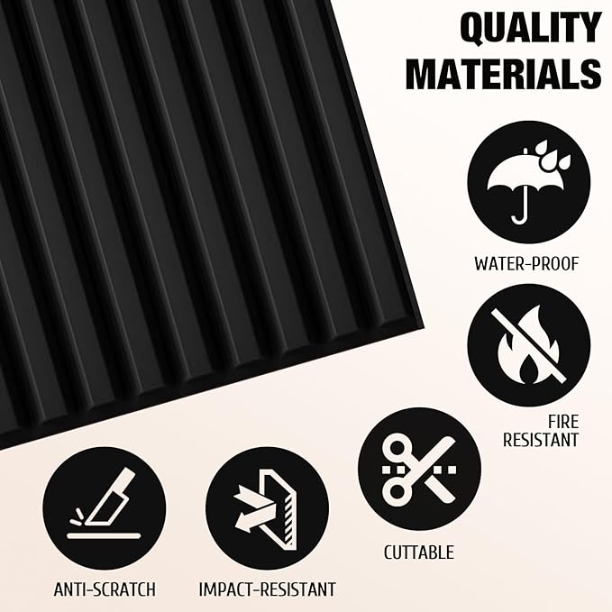 Qidejoy 33 Pcs 3D PVC Slat Wall Panels 12X12in Fluted Textured Paneling Modern Decorative Tiles Cuttable Paintable DIY Wall Art for Interior Decor, Bedroom, Ceiling, TV Background, Bathroom (Black)