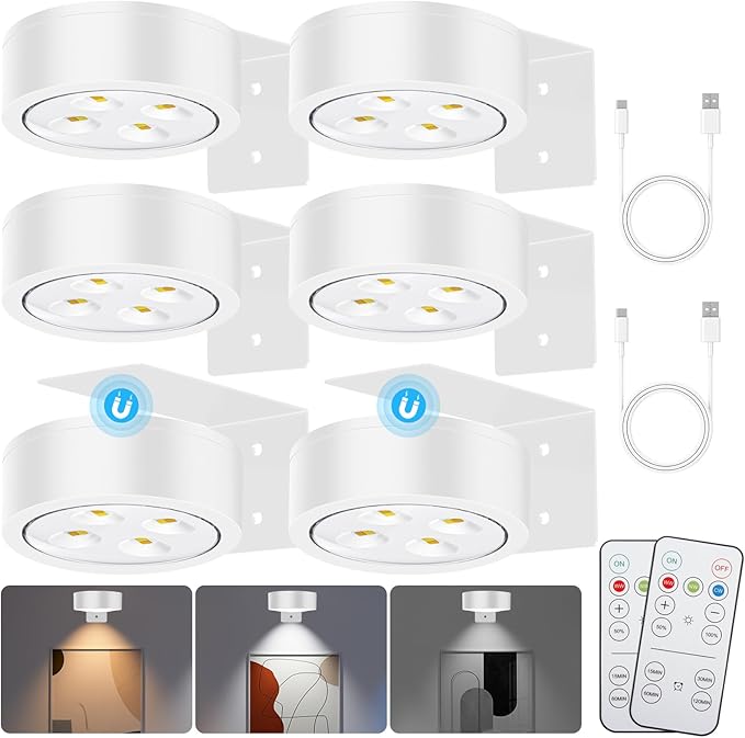 Picture Lights for Wall, 3 Lighting Modes Magnetic Art Display Light,Rechargeable Battery Operated Led Painting Light with Remote Control Dimmable & Timer,6Pack White