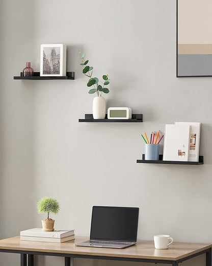 SONGMICS Floating Shelves, Set of 3 Wall Shelves, 15-Inch Wide, for Photo Frames and Trinkets, for Living Room, Home Office, Kitchen, Bathroom, Black ULWS38BK