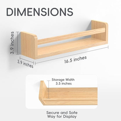 Floating Wall Nursery Book Shelves for Bedrooms Kids 16.5 Inch Natural Color Wooden Baby Book Shelf for Kids Rooms Set of 3 Nursery Shelves for Wall Mounted Toddler Bookshelf