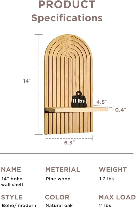Boho Wall Shelf, 14" MCM Arched Decorative Floating Shelves, Wooden Round Shelf for Plants, Entryway, Bathroom & Bedroom, Natural Oak