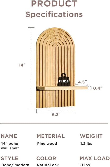 Boho Wall Shelf, 14" MCM Arched Decorative Floating Shelves, Wooden Round Shelf for Plants, Entryway, Bathroom & Bedroom, Natural Oak