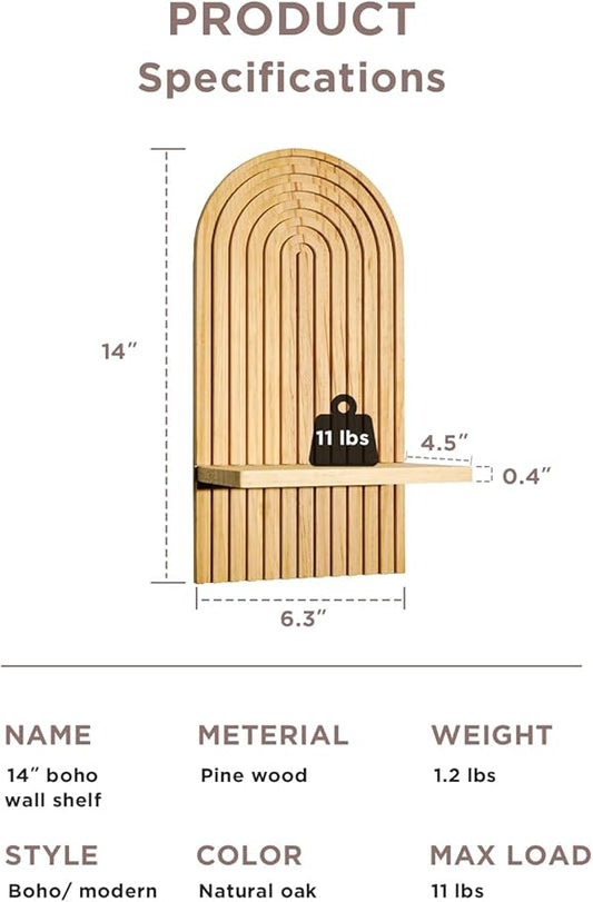 Boho Wall Shelf, 14" MCM Arched Decorative Floating Shelves, Wooden Round Shelf for Plants, Entryway, Bathroom & Bedroom, Natural Oak