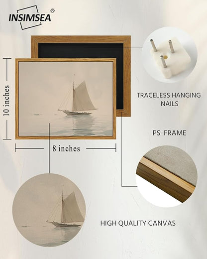InSimSea Framed Canvas Print Art, Vintage Nautical Sailboat Landscape Painting, Rustic Farmhouse Cottage Decor for Hallway Wall Floating Shelf Desk Vanity Fireplace,10x8in, Neutral Tones