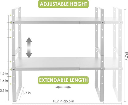 Expandable Cabinet Shelf Organizer Rack, Stackable Kitchen Counter Storage Shelves Stand, Adjustable Height Pantry Shelf Spice Rack (White, 2 Pack)