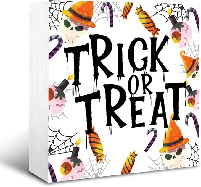 Rustic Halloween Box Sign Decor Tabletop, Fall Home Party Decor, Halloween Decorations Indoor & Front Door Porch, Playroom Decoration, Trick or Treat Sign Wooden Plaque 5 * 5inch