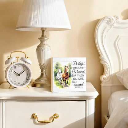 Perhaps This Is The Moment for Which You Have Been Created Wood Block Plaque Box Sign for Home Living Room Coffee House Bar Shelf Table Decoration, Esther 4:14 Wild Horses Farmhouse Sign