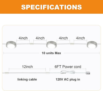 LUMILAND Wired LED Puck Lights 120V (2.7Wx3) Plug-in Lighting Warm White, LED Cabinet Light for Kitchen Can Be Surface Mount or Recess Mount, Satin Nickle