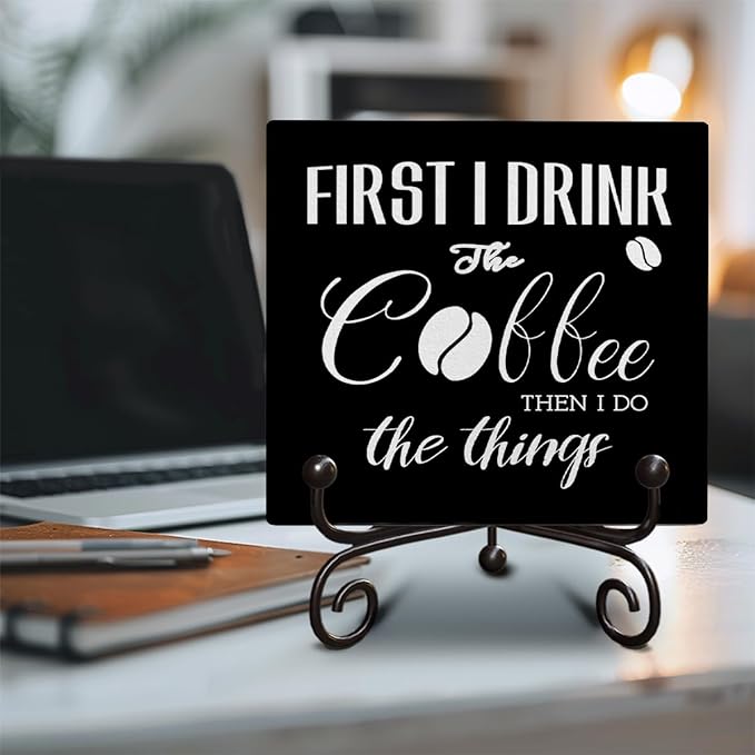 Coffee Lover Gifts for Family Friend Coworker Inspirational Wooden Signs for Farmhouse Bedroom Living Room Coffee Bar Shelf Desk Decoration Funny Wooden Decor Sign Gift, 5 X 5 Inches-B11
