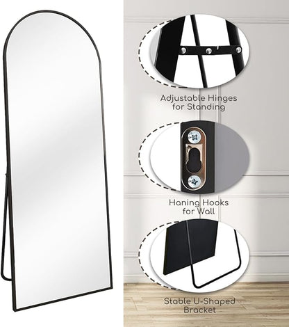 Arched Full Length Mirror, 64 "x 21" Floor Mirror with Stand, Full Body Mirrors with Aluminum Alloy Frame, Freestanding, Wall-Mounted or Leaning (Black)