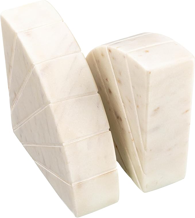Creative Co-Op Modern Arched Semicircle Marble Bookends with Carved Detail, Set of 2, White