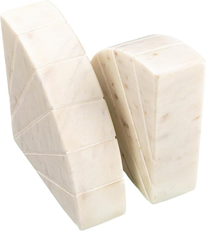 Creative Co-Op Modern Arched Semicircle Marble Bookends with Carved Detail, Set of 2, White