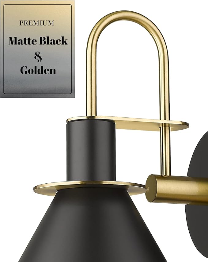 Wall Sconces Set of Two, HWH Modern Sconce Wall Lighting, 1-Light Black Barn Vanity Light, Industrial Wall Lamp for Bedroom Kitchen Bathroom, Black and Gold Finish, 5HZG56B-2L BK+BG