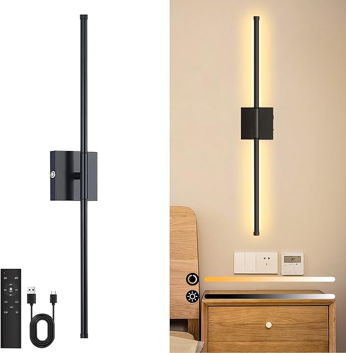 Wall Sconces Battery Operated, Wall Sconces 3000K-6000K Dimmable Rechargeable Wall Sconce with Remote Control, 350°Rotate LED Wireless Wall Lights for Living Room, Hallway, Bedroom(Black)