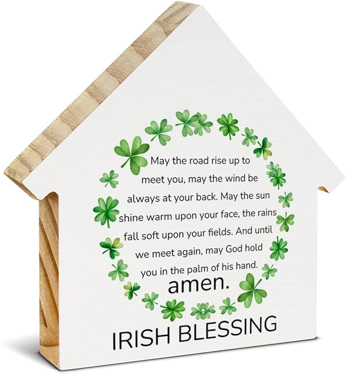Irish Blessing Decor, St. Patrick's Day Decorations, Irish Gifts, Shamrock House Shaped Wood Block Sign, Home Decor for Desk Table Shelf, St Patricks Day Decorations