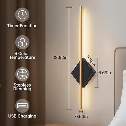 Battery Operated Wall Sconces Set of Two, Modern Sconces Wireless Cordless Rechargeable Light with Remote, Gold and Black Wall Lamp Dimmable Home Decor for Bedroom Living Room Hallway Timing 23.6 Inch