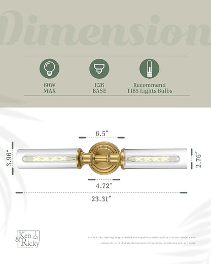 Ken & Ricky 24In Wall Sconces Set of Two, Brushed Gold Bathroom Sconces Wall Lighting with Clear Glass, Vanity Lights for Bathroom Bedroom Living Room Hallway KR3376-W-BG-2PK