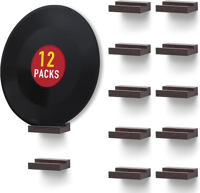 Wood Vinyl Record Shelf Wall Mount, Small Wall Record Holder Display Shelf, Vinyl Record Shelves Record Album Display Holder for LP, CD, Book Art Storage Vintage Home Decor (12, Dark Walnut)