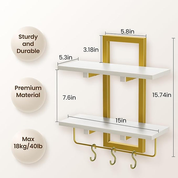 Floating Shelves, 15" Wall Shelf Set of 2, Hanging Bathroom Shelves 2-Tier, Wall Mounted Storage Shelves, for Living Room Bedroom Bathroom Kitchen Office Coffee Bar, White and Gold