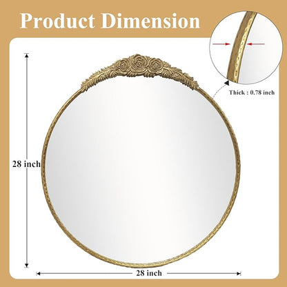 Growsun Round Wall Mirror with Vintage Gold Floral Frame – 28 Inch Decorative Wall Mirror for Living Room, Bedroom, Entryway, Bathroom Vanity – Elegant Antique Accent Home Décor