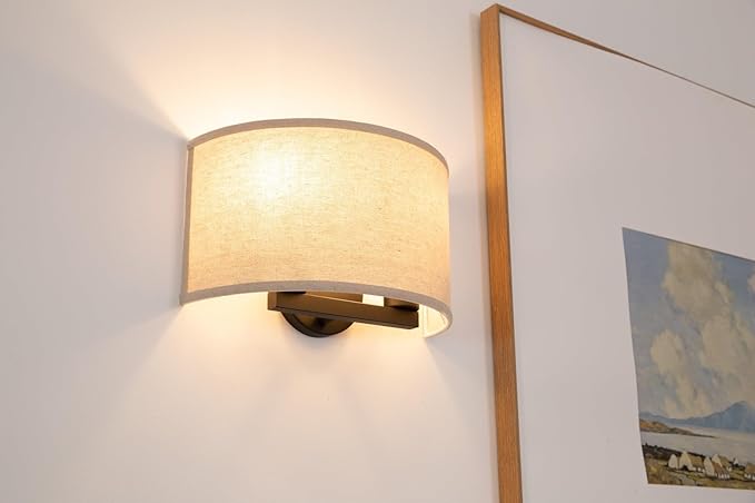 2-Light Linen Fabric Boho Hallway Wall Sconce Indoor Light Fixture, Dual Vintage Industrial Hardwired Half Moon Wall Lighting Semicircle Textile Shade for Bedroom Living Room Corridor Study
