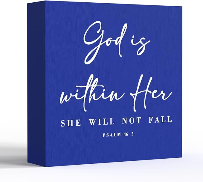 God Is Within Her Bible Verse Artwork Blue Wood Box Sign Rustic Farmhouse Style Psalm 46 : 5 Christian Wood Block Plaque 5 X 5 Inches Home Office Desk Sign Decor for Presents
