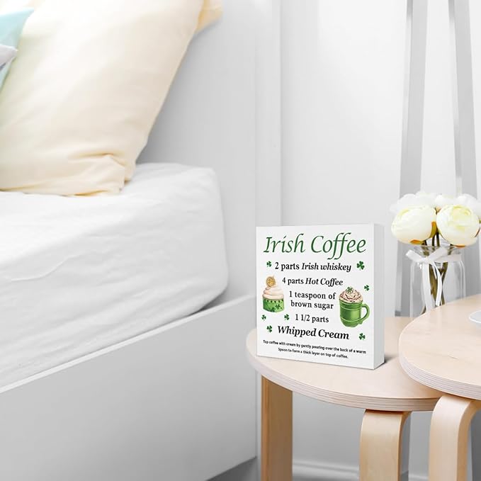 St Patricks Day Decor - Irish Gifts - St. Patrick's Day Decorations Coffee Bar Wooden Sign Home Kitchen Coffee Bar Desk Table Shelf Decor - 5 x 5 Inches