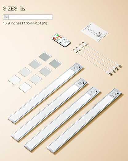 16inch Under Cabinet Lights, LED Motion Sensor Light Indoor, 4000mAh Rechargeable Closet Light with Remote, 3 Color Temps, Magnetic, Wireless Under Counter Lights for Kitchen, Stairs, Pantry, 4 Pack